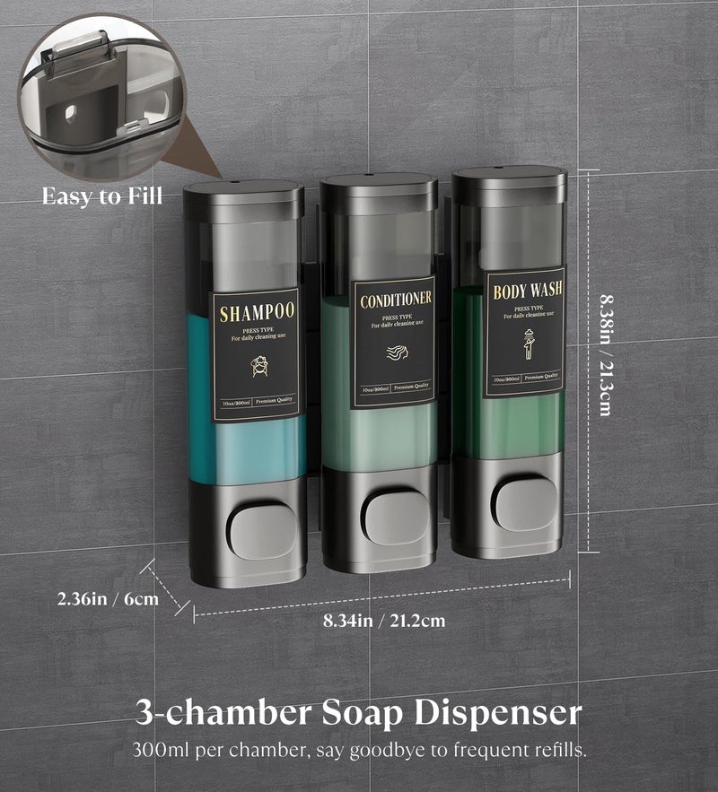 Luxspire Shampoo And Conditioner Dispenser  No Drill Wall Mounted Shower Soap Dispenser 3 Chamber With Waterproof Labels  Easy Refill Soap Dispenser For Bathroom Hotel Kitchen  Gray - Image 4