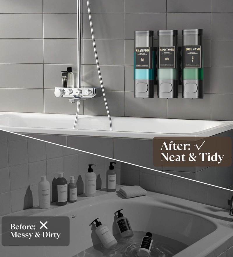 Luxspire Shampoo And Conditioner Dispenser  No Drill Wall Mounted Shower Soap Dispenser 3 Chamber With Waterproof Labels  Easy Refill Soap Dispenser For Bathroom Hotel Kitchen  Gray - Image 3