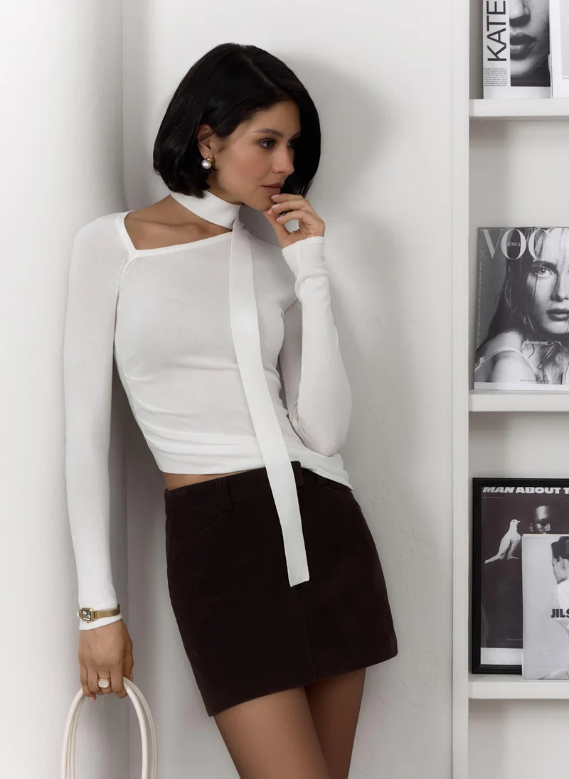 Lichi Longsleeve with asymmetrical neckline and ribbon scarf