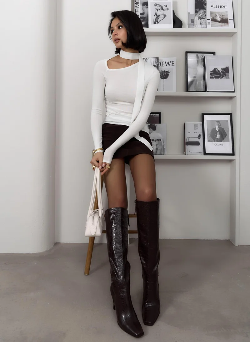Lichi Longsleeve with asymmetrical neckline and ribbon scarf
