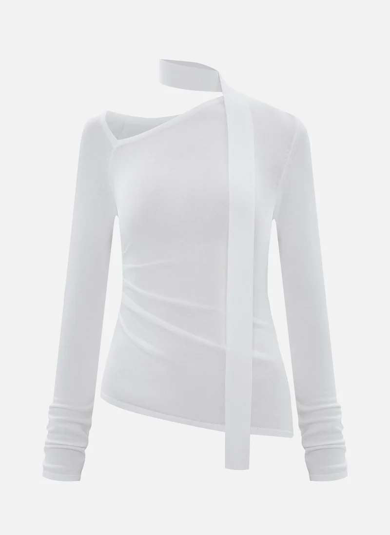 Lichi Longsleeve with asymmetrical neckline and ribbon scarf