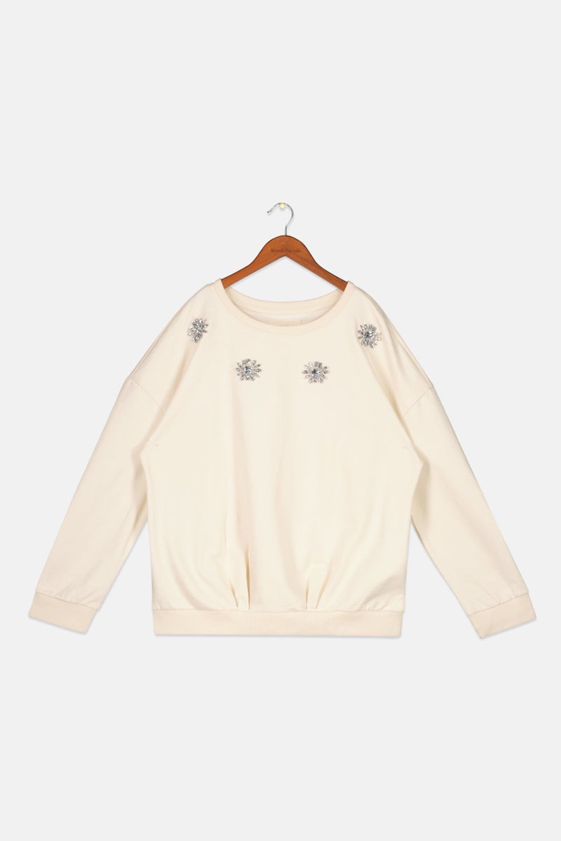 Tchibo Kids Girl Round Neck Long Sleeves Embellished Sweatshirt, Beige  - Image 1