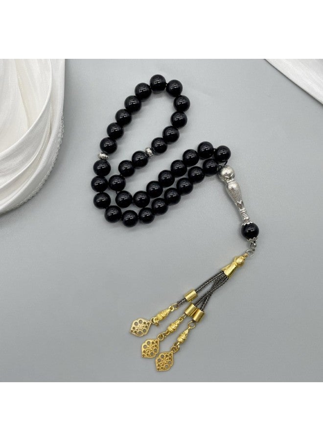 YIXIA Prayer Beads 10mm 33 Beads Black Ceramic Glass Golden Leaf Tassel Daily Worship Prayer - Image 3