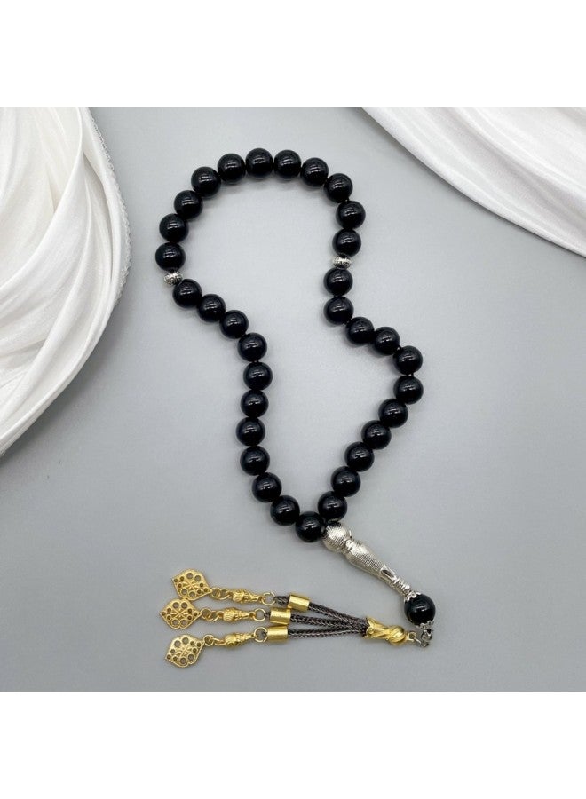 YIXIA Prayer Beads 10mm 33 Beads Black Ceramic Glass Golden Leaf Tassel Daily Worship Prayer - Image 2