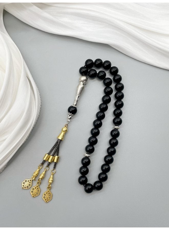 YIXIA Prayer Beads 10mm 33 Beads Black Ceramic Glass Golden Leaf Tassel Daily Worship Prayer - Image 1