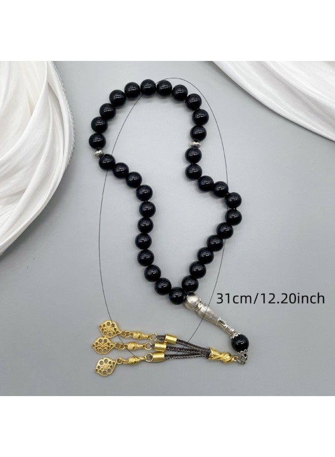 YIXIA Prayer Beads 10mm 33 Beads Black Ceramic Glass Golden Leaf Tassel Daily Worship Prayer - Image 4