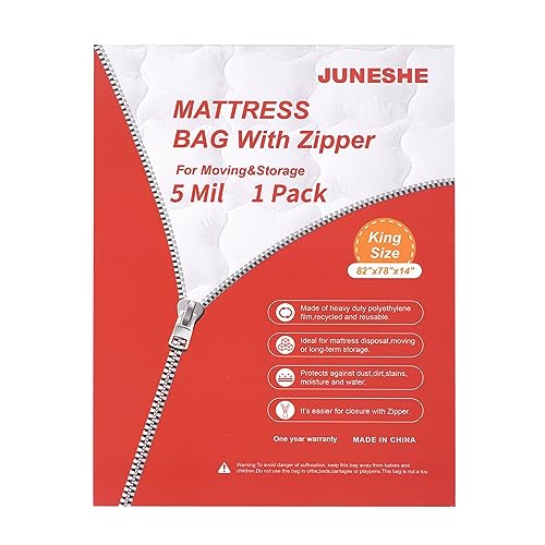JUNESHE 5 Mil King Size Mattress Bag with Zipper for Storage Moving Heavy Duty Plastic Waterproof Mattress Protector Cover Moving Supplies