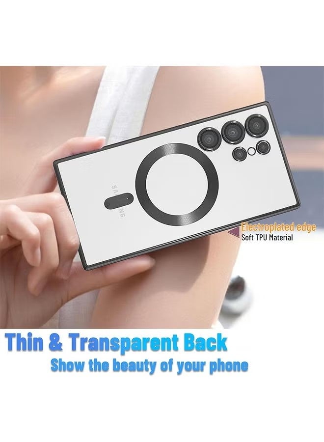 جراب Samsung Galaxy S24 Ultra مع واقي لعدسة الكاميرا، جراب واقٍ متوافق مع الشحن اللاسلكي، جراب واقٍ مضاد للخدش والصدمات مطلي بالكهرباء S24 Ultra للنساء والرجال، أسود - Image 2