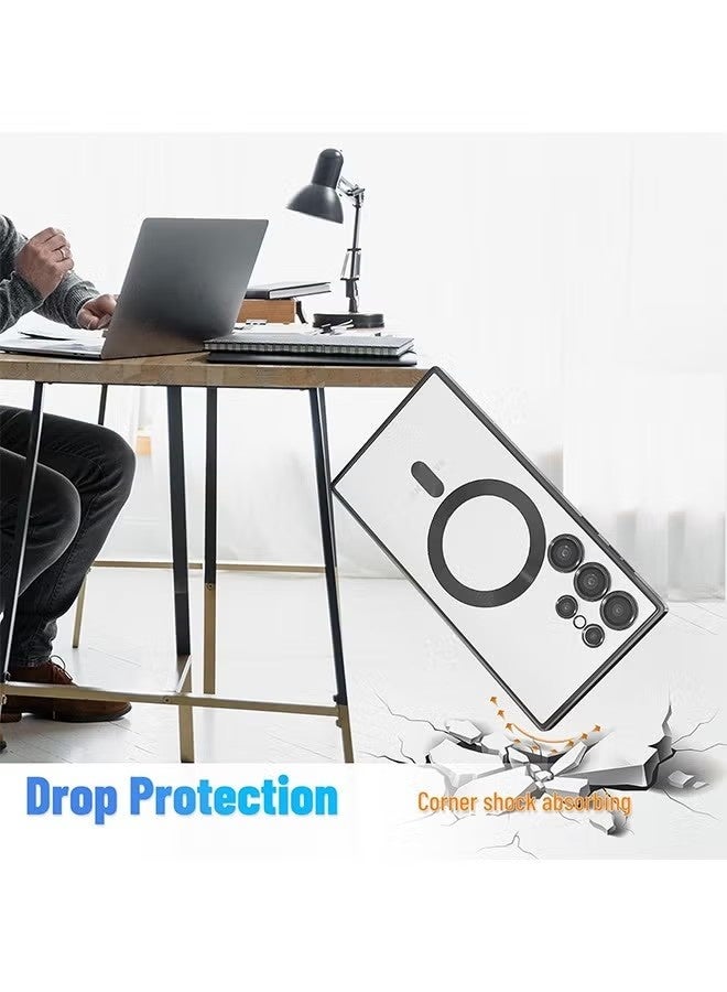 جراب Samsung Galaxy S24 Ultra مع واقي لعدسة الكاميرا، جراب واقٍ متوافق مع الشحن اللاسلكي، جراب واقٍ مضاد للخدش والصدمات مطلي بالكهرباء S24 Ultra للنساء والرجال، أسود - Image 5