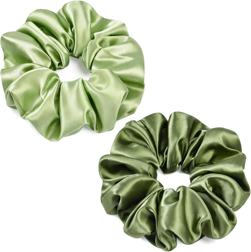 CEELGON 2 PCS Green Jumbo Satin Silky Scrunchies 6.5 Inches Oversized Scrunchie Extra Large Big Hair Ties Ponytail Holder for Thick Curly Hair Women (Sage, Olive Green) - Image 1