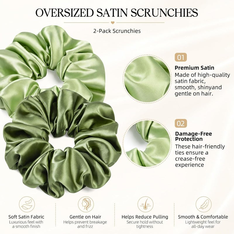 CEELGON 2 PCS Green Jumbo Satin Silky Scrunchies 6.5 Inches Oversized Scrunchie Extra Large Big Hair Ties Ponytail Holder for Thick Curly Hair Women (Sage, Olive Green) - Image 2