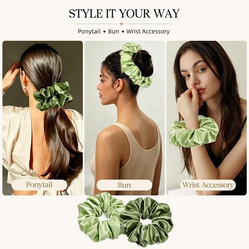 CEELGON 2 PCS Green Jumbo Satin Silky Scrunchies 6.5 Inches Oversized Scrunchie Extra Large Big Hair Ties Ponytail Holder for Thick Curly Hair Women (Sage, Olive Green) - Image 3