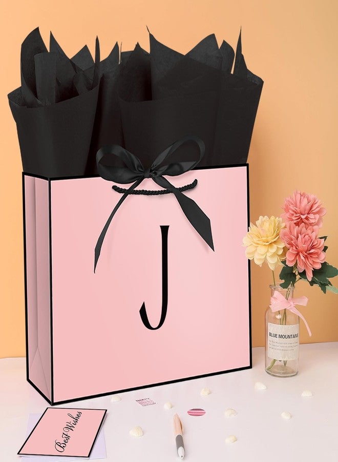 Linelglobal Pink Letter Gift Bag with Handles for Women 12.6" Anniversary Wedding Party Includes Envelope, Card, Wrapping Paper - Initial J - Image 4