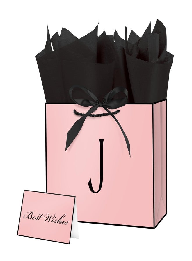 Linelglobal Pink Letter Gift Bag with Handles for Women 12.6" Anniversary Wedding Party Includes Envelope, Card, Wrapping Paper - Initial J - Image 1