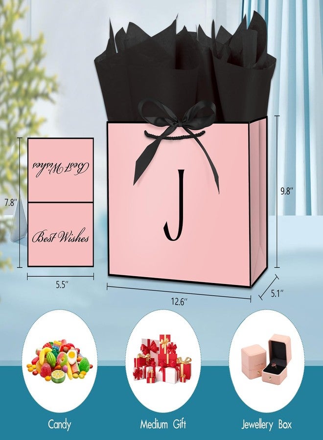 Linelglobal Pink Letter Gift Bag with Handles for Women 12.6" Anniversary Wedding Party Includes Envelope, Card, Wrapping Paper - Initial J - Image 2