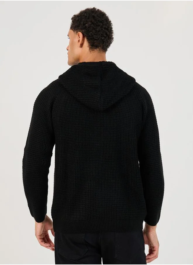 ستايلي Zip Through Waffle Knit Hooded Sweater