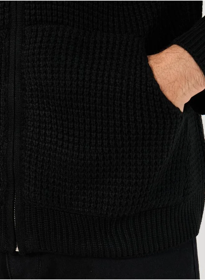 ستايلي Zip Through Waffle Knit Hooded Sweater