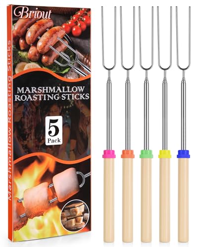 Briout Marshmallow Roasting Sticks - Smores Stick for Fire Pit - Hot Dog Campfire Skewers Marshmallow Camping 32 Inch Long Extendable Forks - 5 Pack - Image 1