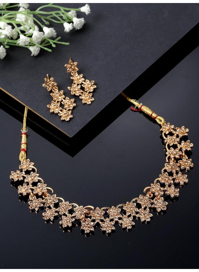 Sukkhi Admirable Gold Plated Gold AD Stone Floral Collar Bone Necklace Set And Earring | Jewellery Set For Women (NS105516) - Image 3