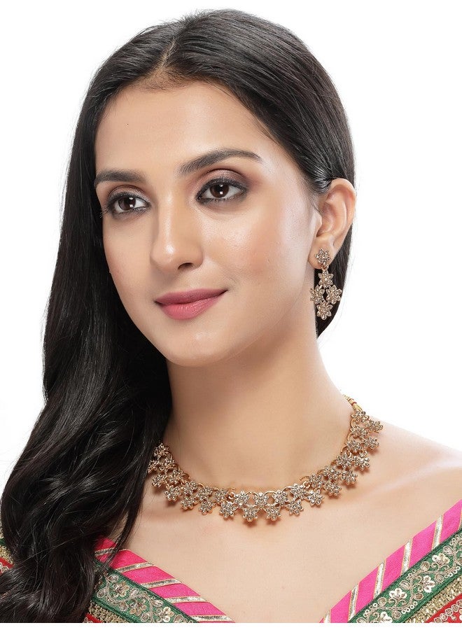 Sukkhi Admirable Gold Plated Gold AD Stone Floral Collar Bone Necklace Set And Earring | Jewellery Set For Women (NS105516) - Image 2