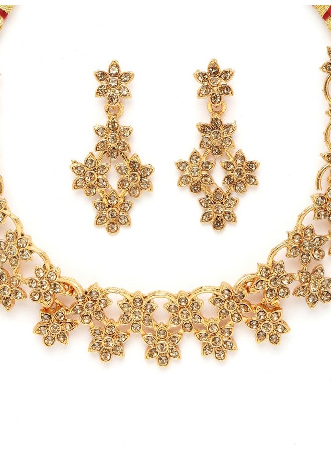 Sukkhi Admirable Gold Plated Gold AD Stone Floral Collar Bone Necklace Set And Earring | Jewellery Set For Women (NS105516) - Image 5