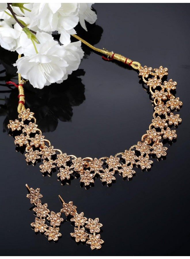 Sukkhi Admirable Gold Plated Gold AD Stone Floral Collar Bone Necklace Set And Earring | Jewellery Set For Women (NS105516) - Image 4