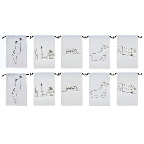 IVILLAGE Reusable & Washable Pure Cotton Fabric Travel Pouches With Drawstring Closure|Handcrafted Doodle Collection|Ideal For Earphones, Makeup, Sunglasses, Socks And Toiletries|Pack Of 10 - Black - Image 1