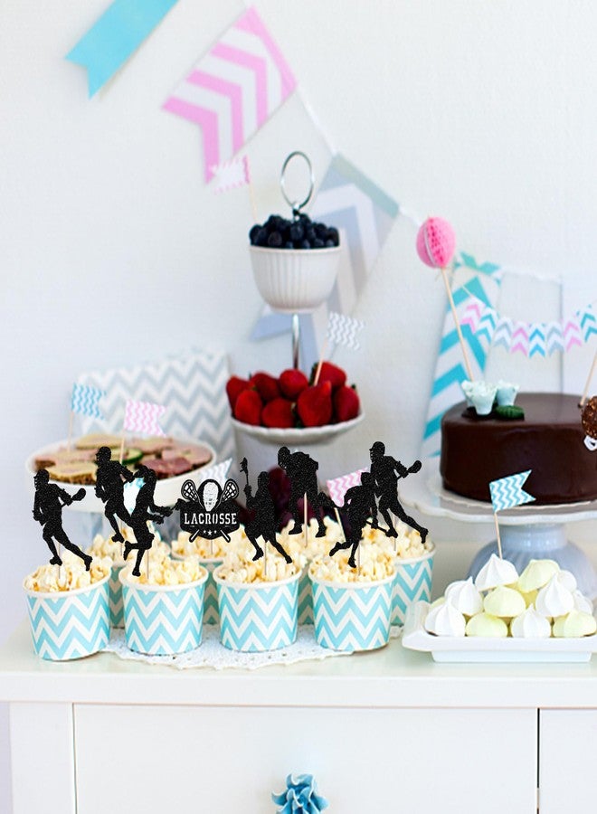 Rsstarxi 24 Pack Black Glitter Lacrosse Cupcake Toppers Lacrosse Party Decorations for boys Lacrosse Player Cupcake Picks for Lacrosse Sport Baby Shower Birthday Party Cake Decorations - Image 4