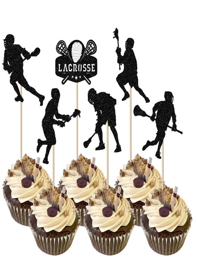 Rsstarxi 24 Pack Black Glitter Lacrosse Cupcake Toppers Lacrosse Party Decorations for boys Lacrosse Player Cupcake Picks for Lacrosse Sport Baby Shower Birthday Party Cake Decorations - Image 1