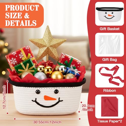 Zopeal Christmas Woven Basket with Gift Bag Ribbon and Red Tissue Paper Snowman Emoticon Woven Storage Bin Empty Basket Holiday Decorative for Xmas Gifts 12 x 8 x 5 inch - Image 3
