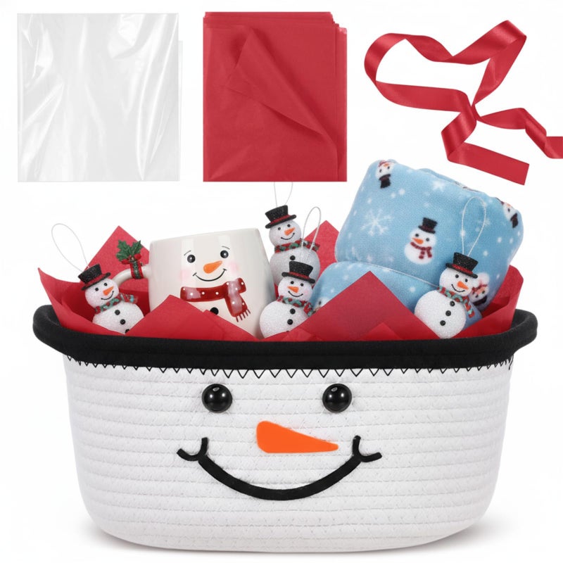 Zopeal Christmas Woven Basket with Gift Bag Ribbon and Red Tissue Paper Snowman Emoticon Woven Storage Bin Empty Basket Holiday Decorative for Xmas Gifts 12 x 8 x 5 inch - Image 2