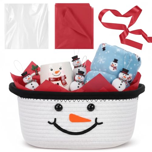 Zopeal Christmas Woven Basket with Gift Bag Ribbon and Red Tissue Paper Snowman Emoticon Woven Storage Bin Empty Basket Holiday Decorative for Xmas Gifts 12 x 8 x 5 inch - Image 1