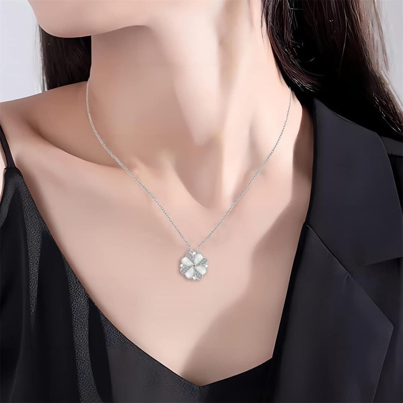 Excefore Sterling Silver Four Leaf Clover Necklace with Cubic Zirconia, Silver 925 Heart Magnetic Necklace for Women, Lucky Clover Charm Pendant - Image 2