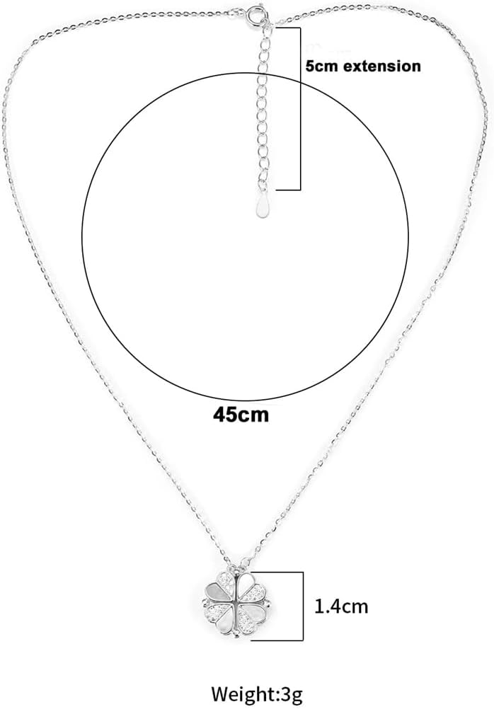Excefore Sterling Silver Four Leaf Clover Necklace with Cubic Zirconia, Silver 925 Heart Magnetic Necklace for Women, Lucky Clover Charm Pendant - Image 5
