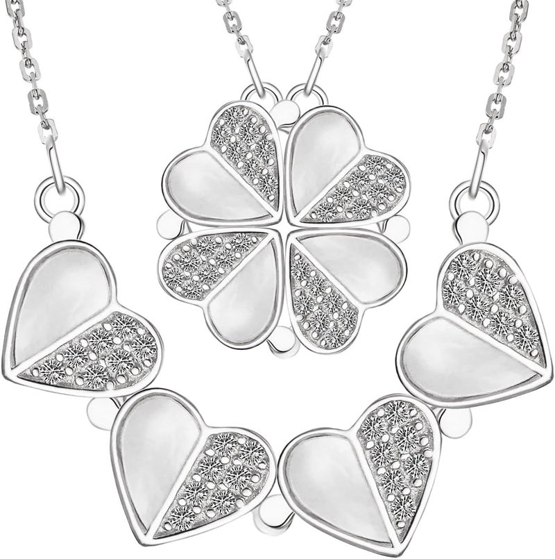 Excefore Sterling Silver Four Leaf Clover Necklace with Cubic Zirconia, Silver 925 Heart Magnetic Necklace for Women, Lucky Clover Charm Pendant - Image 1