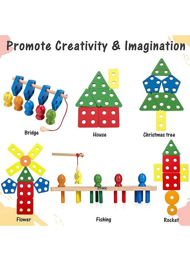 Jef Montessori Early Learning Educational Wooden Shape Color Sorting Blocks Puzzle Stacking Sorter And Fishing Toy Gift For 3 Year Old Toddler Baby Kids (5 Shape Sorter With Magnetic Fish)  - Image 4