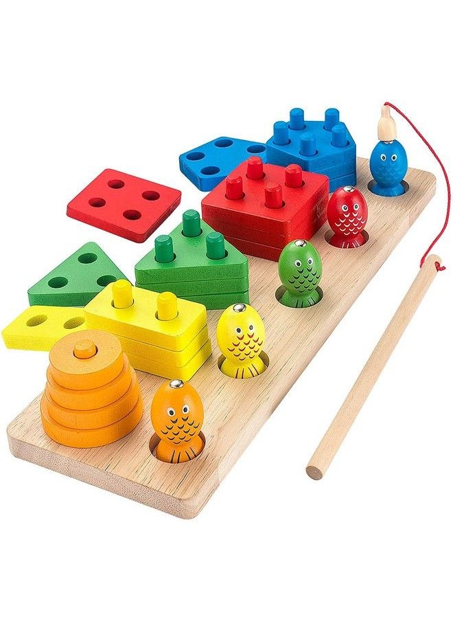 Jef Montessori Early Learning Educational Wooden Shape Color Sorting Blocks Puzzle Stacking Sorter And Fishing Toy Gift For 3 Year Old Toddler Baby Kids (5 Shape Sorter With Magnetic Fish)  - Image 2