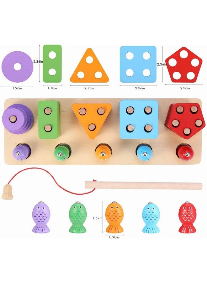 Jef Montessori Early Learning Educational Wooden Shape Color Sorting Blocks Puzzle Stacking Sorter And Fishing Toy Gift For 3 Year Old Toddler Baby Kids (5 Shape Sorter With Magnetic Fish)  - Image 3