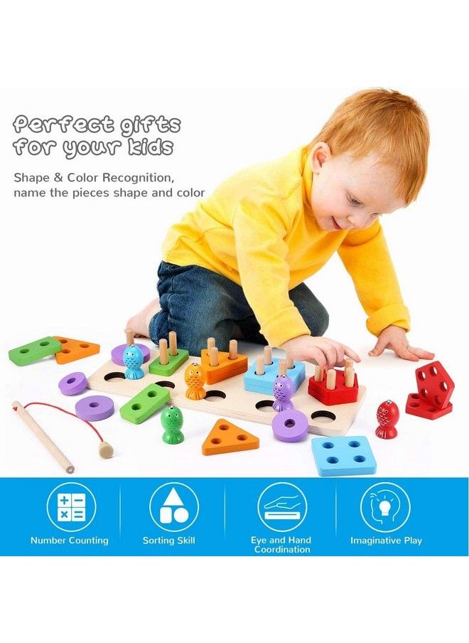 Jef Montessori Early Learning Educational Wooden Shape Color Sorting Blocks Puzzle Stacking Sorter And Fishing Toy Gift For 3 Year Old Toddler Baby Kids (5 Shape Sorter With Magnetic Fish)  - Image 5