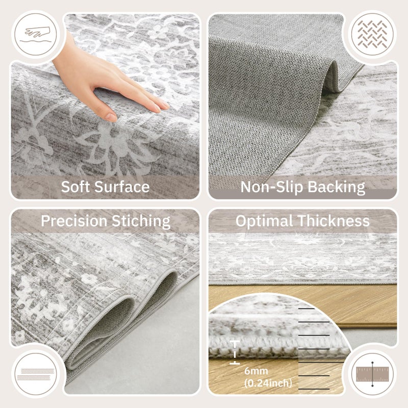 Soalmost 5x7 Area Rugs for Living Room, Washable Vintage Floral Non-Slip Low Pile Natural Rug Soft Throw Carpet for Dining Room Bedroom Home Office Nursery (Grey, 5'x7') - Image 4