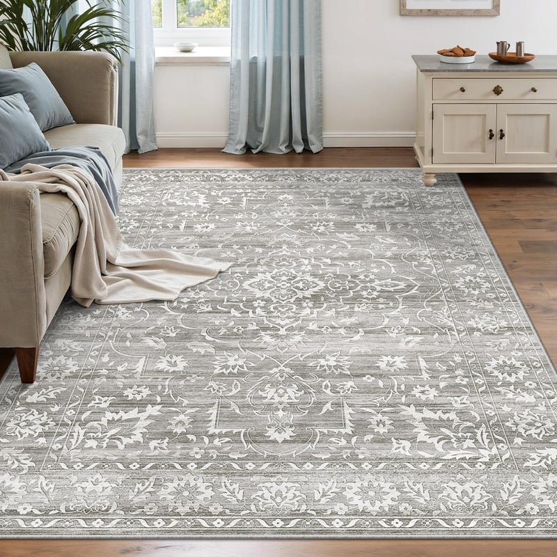 Soalmost 5x7 Area Rugs for Living Room, Washable Vintage Floral Non-Slip Low Pile Natural Rug Soft Throw Carpet for Dining Room Bedroom Home Office Nursery (Grey, 5'x7') - Image 1