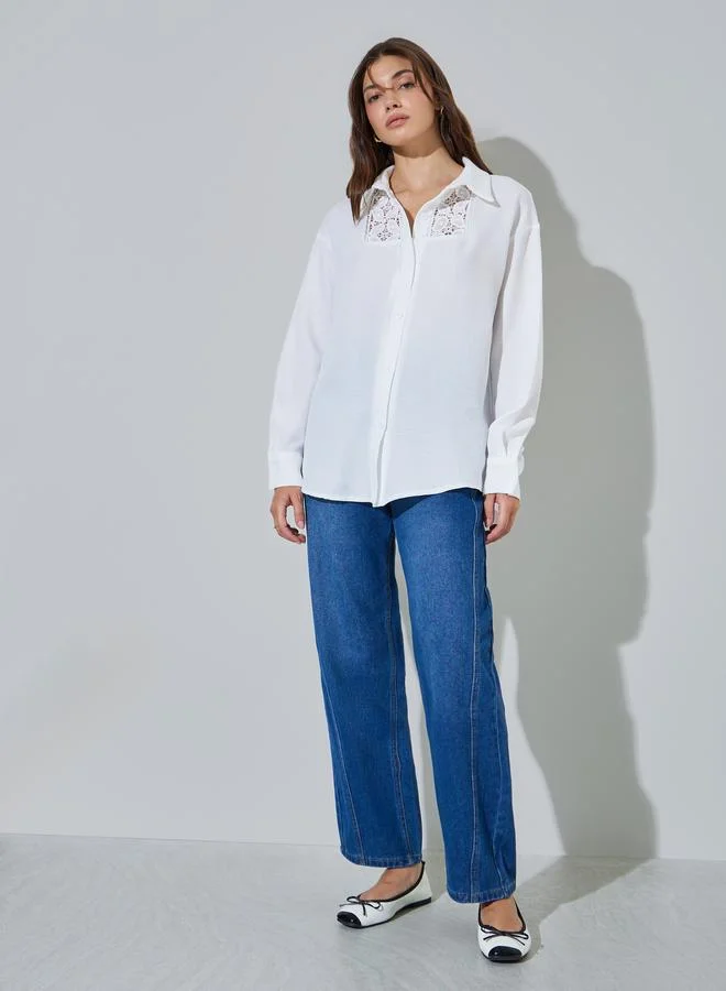 Styli White Lace Trim Oversized Casual Shirt