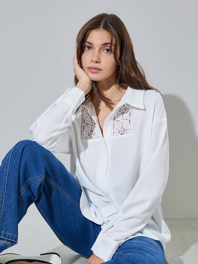 Styli White Lace Trim Oversized Casual Shirt - Image 1