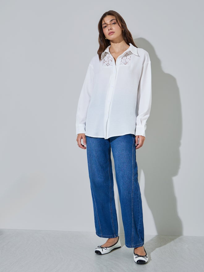 Styli White Lace Trim Oversized Casual Shirt - Image 2
