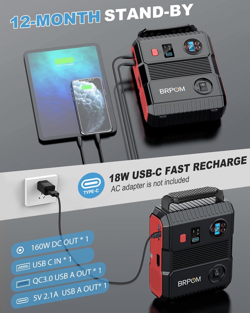 BRPOM Car Jump Starter with Air Compressor, 150PSI 7000A Peak 24000mah (Up to All Gas or 8.0L Diesel Engine, 50 Times) Portable Jump Starter 12V Auto Battery Jump Pack QC 3.0 with 160W DC Out - Image 4