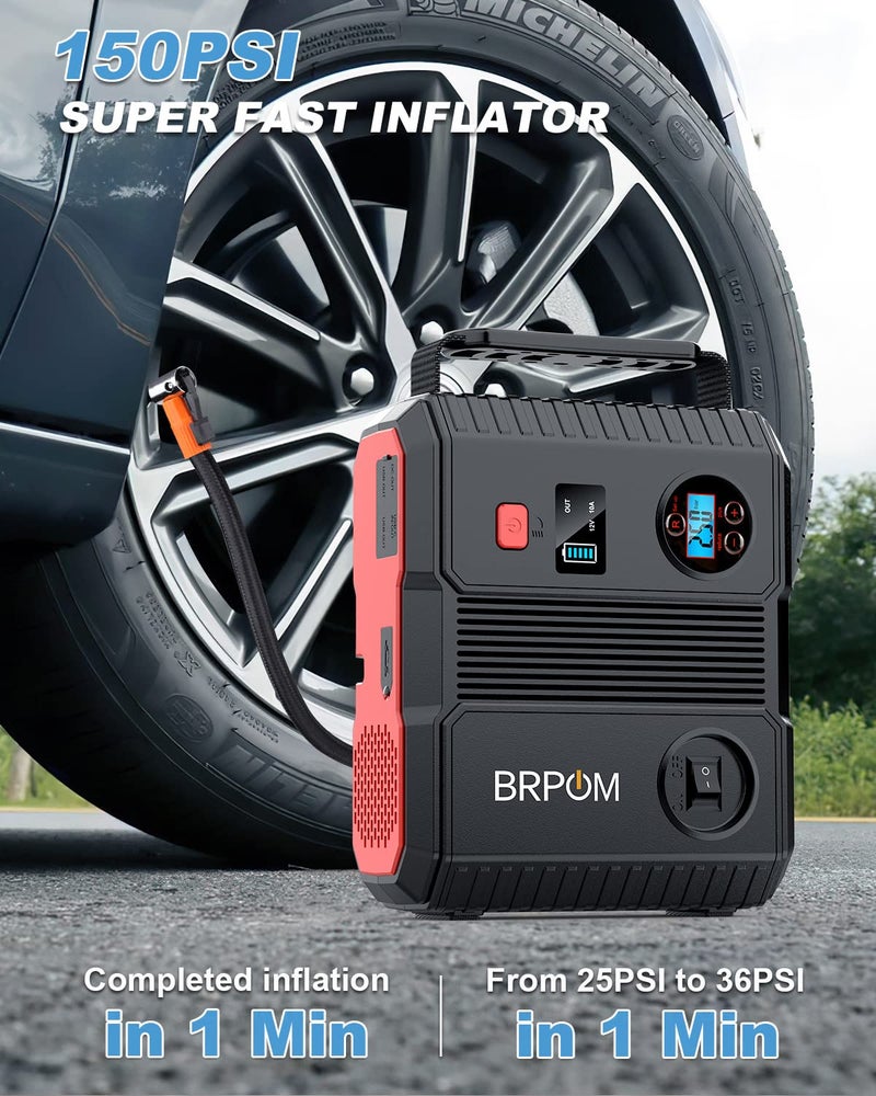 BRPOM Car Jump Starter with Air Compressor, 150PSI 7000A Peak 24000mah (Up to All Gas or 8.0L Diesel Engine, 50 Times) Portable Jump Starter 12V Auto Battery Jump Pack QC 3.0 with 160W DC Out - Image 3