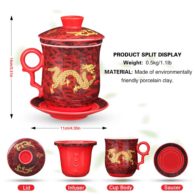 YURROAD YURROAD Chinese Dragon Pattern Tea-Mug with Strainer Infuser and Lid and Saucer Ceramic Tea Mug Convenient System Chinese Porcelain Personal Tea Cup 13.5 oz(380ml) - RED, TC400  - Image 3