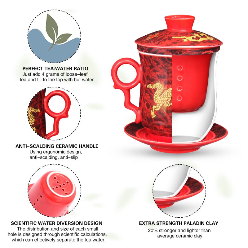 YURROAD YURROAD Chinese Dragon Pattern Tea-Mug with Strainer Infuser and Lid and Saucer Ceramic Tea Mug Convenient System Chinese Porcelain Personal Tea Cup 13.5 oz(380ml) - RED, TC400  - Image 4