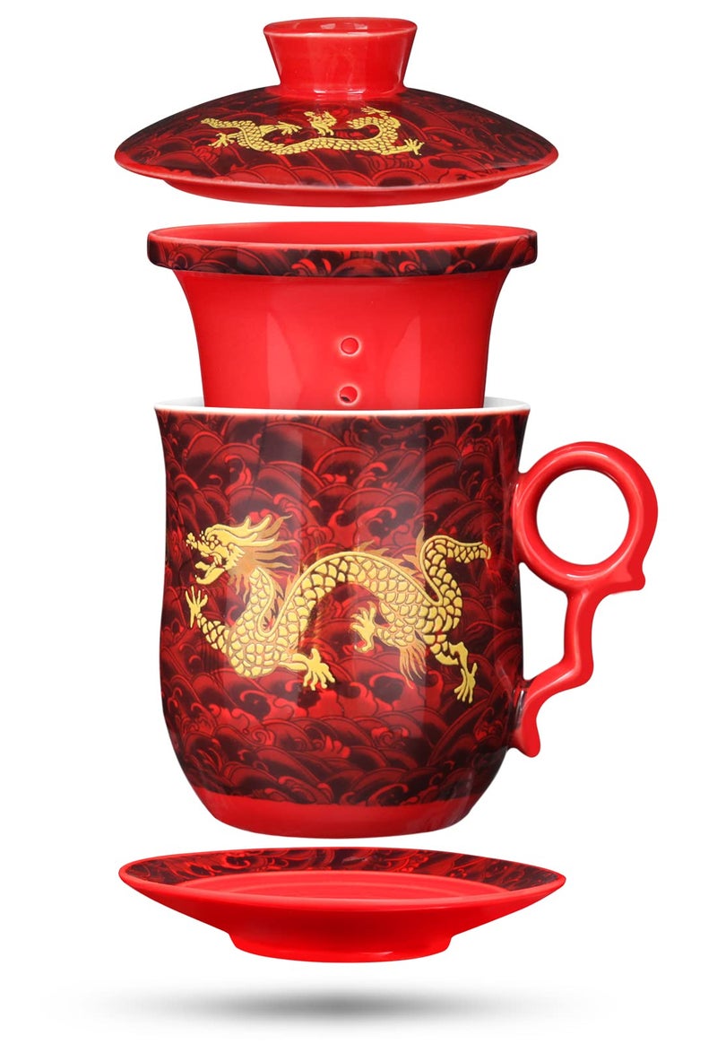 YURROAD YURROAD Chinese Dragon Pattern Tea-Mug with Strainer Infuser and Lid and Saucer Ceramic Tea Mug Convenient System Chinese Porcelain Personal Tea Cup 13.5 oz(380ml) - RED, TC400  - Image 1