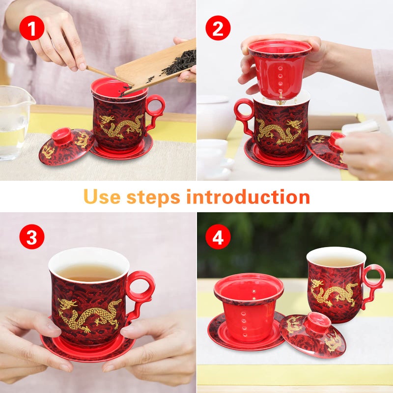 YURROAD YURROAD Chinese Dragon Pattern Tea-Mug with Strainer Infuser and Lid and Saucer Ceramic Tea Mug Convenient System Chinese Porcelain Personal Tea Cup 13.5 oz(380ml) - RED, TC400  - Image 5